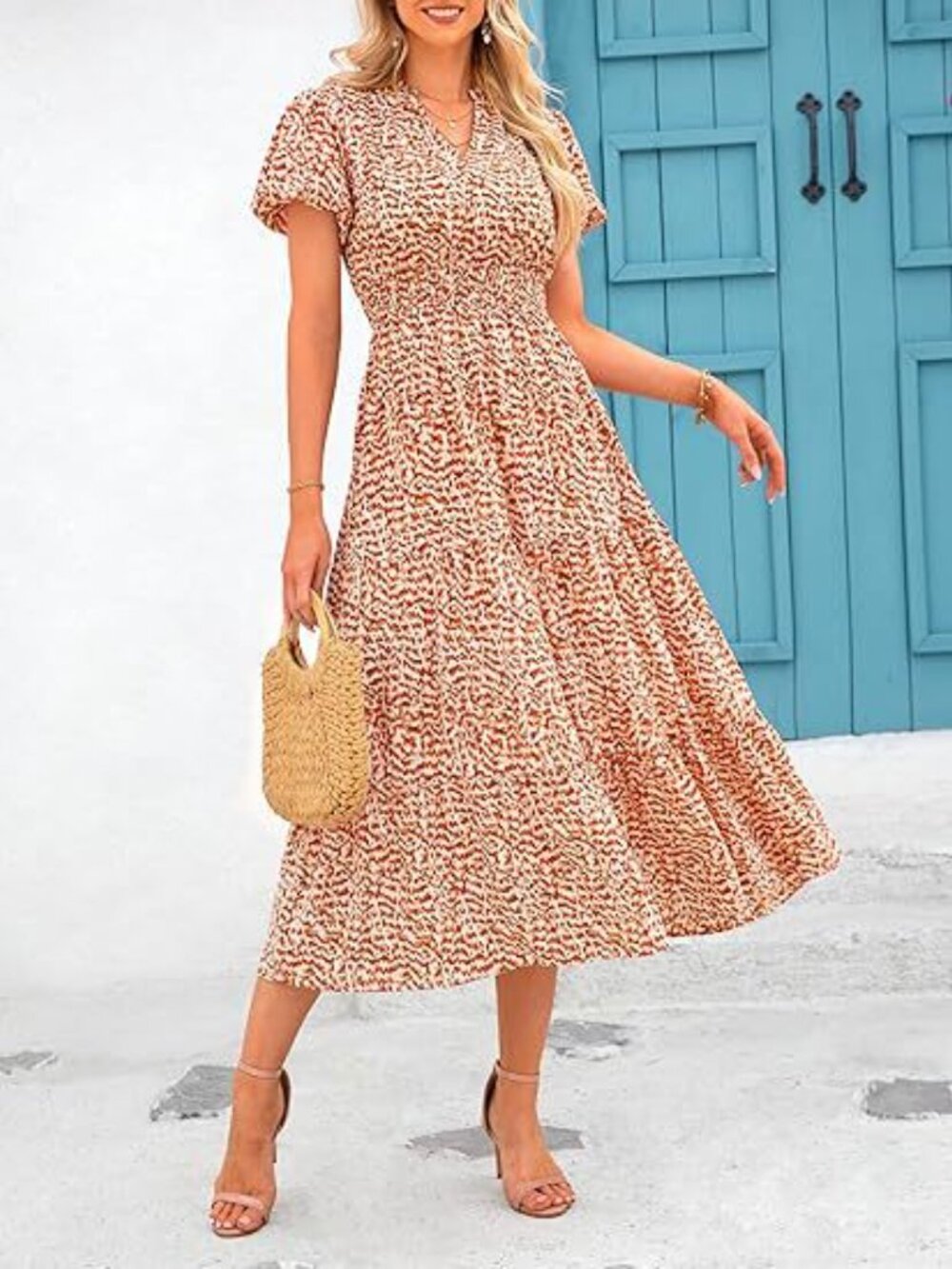 Women's Spring/Summer V-Neck Bubble Pleated Print Short Sleeve Pocket Dress